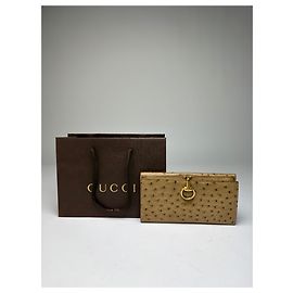 Portefeuille bifold Vintage Gucci en cuir d'autruche c. 2000s Beige Brown