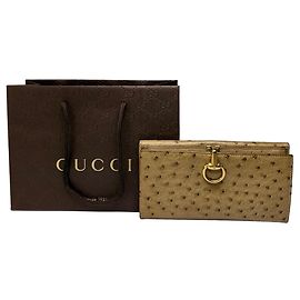 Vintage Gucci Ostrich Leather Bifold Wallet c. 2000s Beige Brown