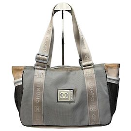 Sac cabas Vintage Chanel Sport Line en nylon c. 2005–2006 Gris Beige Noir