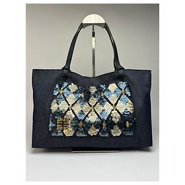 Vintage Givenchy Pailletten-Baumwoll-Tote Ende der 1990er Dunkelblau