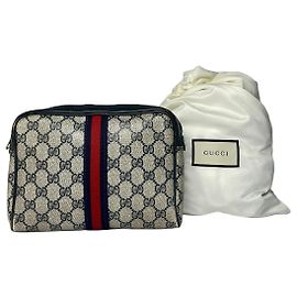 Vintage Gucci GG Plus Cosmetic Case c. Mid-1980s Cream Navy Red