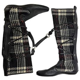 Botas altas de cuero a cuadros Vintage Salvatore Ferragamo c. 2010 Negro Crema Rojo EU38