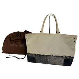 Tote Vintage Bottega Veneta in Tela e Pelle Beige Nero