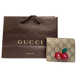 Portafoglio bifold Vintage Gucci GG Supreme Canvas c. 2018 Beige Brown Red