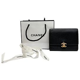 Vintage Chanel Grained Leather Bifold Wallet Late 1990s Black Gold