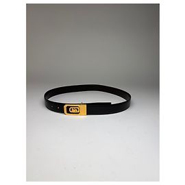 Céline Cinto de Couro Vintage Celine Carriage Logo Preto Dourado c. 1980s