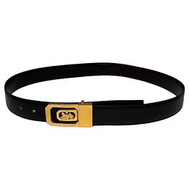 Céline Vintage Celine Carriage Logo Leather Belt Black Gold c. 1980s