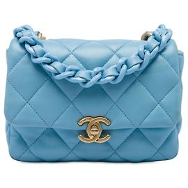 Chanel Blue Mini Quilted Lambskin Lacquered Chain Flap