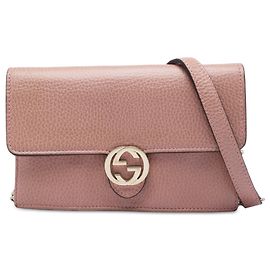 Cartera con cadena Gucci en piel de becerro Dollar con G entrelazadas, marrón