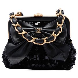 Chanel Black Tweed and Lambskin Sequin Bow Clutch With Chain