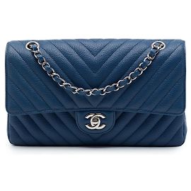 Chanel Blue Medium Classic Chevron Caviar Double Flap