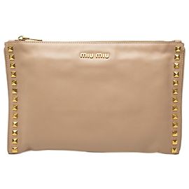 Miu Miu Beige Studded Leather Zip Clutch