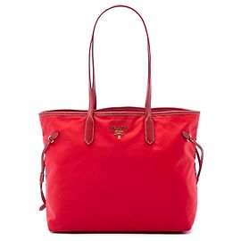 Tote Prada in Tessuto con rifiniture in Saffiano rosso