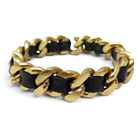 BRACELETE VINTAGE CHANEL CORRENTE E COURO ENTRELAÇADO PRETO T18.5 CM METAL DOURADO BANGLE