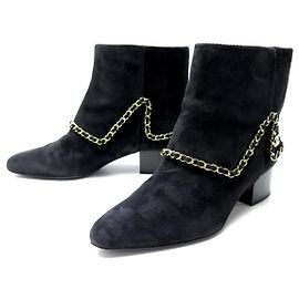 CHANEL ANKLE BOOTS G34929 CC LOGO CHAIN 41 BLACK SUEDE HEELS