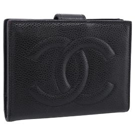 CHANEL COCO Mark Compact Wallet Caviar Skin Black Gold CC Auth 206090V