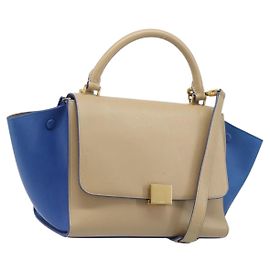 Céline CELINE Trapeze Small Hand Bag Leather 2way Beige Blue Auth bs37085A