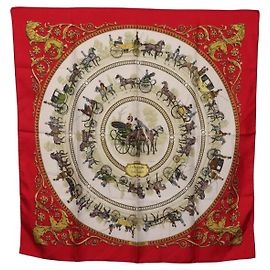 Hermès HERMES Carre 90 Scarf Silk Red White ""LA PROMENADE DE LONGCHAMPS"" Auth ki6873M