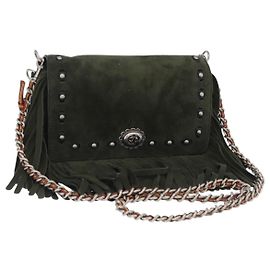 Coach Schultertasche mit Kette Suede Khaki Silver Auth ki6887A