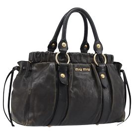 Bolsa de Mão Miu Miu Vitellolux Black Gold Auth 206001A