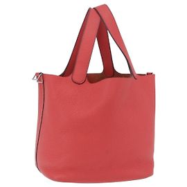 Hermès Sac à main HERMES Pico Tan Lock MM en cuir Rose Argent Auth 203257SAM