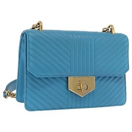 PRADA Chain Shoulder Bag Leather Blue Gold Auth 206268V