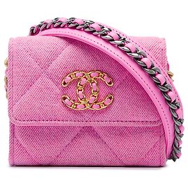 Bolsa de Moedas Chanel 19 Flap em Denim Acolchoado Rosa com Corrente, Bolsa Crossbody