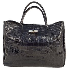 Longchamp Bolso Roseau en piel negra efecto cocodrilo