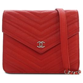 Portafoglio Chanel Red CC Chevron Caviar Square Wallet On Chain
