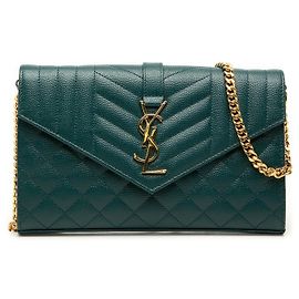 Autre Marque Saint Laurent Green Grain De Poudre Triquilt Monogram Envelope Wallet on Chain