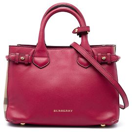 Borsa Satchel Burberry Red Small in pelle di vitello grana grossa e House Check Banner