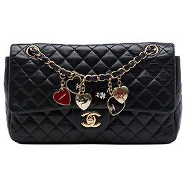 Chanel Black Medium Classic Lambskin Valentines Heart Charms Single Flap