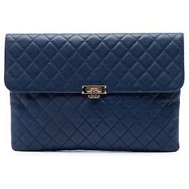 Chanel Blue Large Quilted Caviar Golden Class O Case Clutch