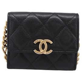 Chanel Plate Logo CC Flap Kartenetui mit Kette Quilted Caviar Mini