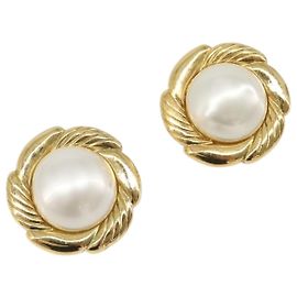 Boucles d'oreilles CHANEL Métal Doré Blanc CC Auth bs37086