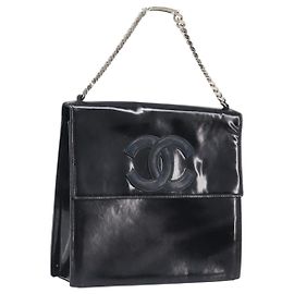 Bolso de mano CHANEL COCO Mark Chain en cuero charol Negro Plata CC Auth bs37188