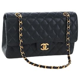Bolsa CHANEL Double Flap Chain Matelasse Couro Caviar Preto Ouro CC Auth am12621SM