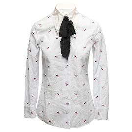 Top com laço pussy bow Gucci branco e multicolorido com estampado de corações e riscas finas Tamanho IT 38