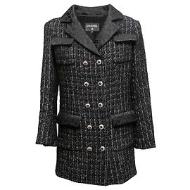 Black & White Chanel Cashmere & Wool-Blend Double-Breasted Tweed Coat Size FR 38