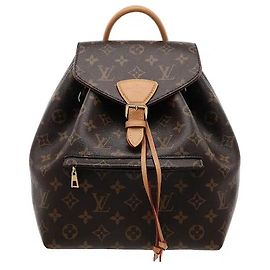 Louis Vuitton A product modernly reinterpreting a classic backpack design by combining the brand's iconic Monogram canvas with cowhide leather trimming. It's characterized by a drawstring and buckle-locked flap