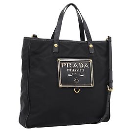 PRADA Bolsa de Mão Nylon 2way Preta Tom Dourado