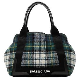 Balenciaga Cabas S aus Wolle in grün-blauem Karomuster