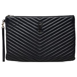 Autre Marque Porta-documentos Saint Laurent em couro azul com monograma chevron