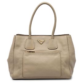Tote Aberto Conversível Prada Beige Vitello Daino com Bolso Frontal