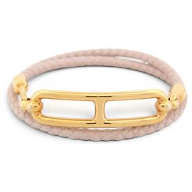 Hermès BRACELETE HERMES ROULIS DOUBLE TOUR T15 CORDÃO DE COURO SWIFT ROSE H071727F DOURADO