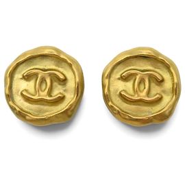 VINTAGE BOUCLES D'OREILLES CHANEL RONDE LOGO CC 1995 A CLIPS DORE BOITE EARRINGS