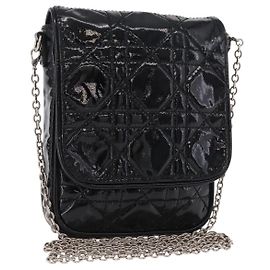 Christian Dior Chain Cannage Tasche aus Lackleder schwarz silber Auth 205445V