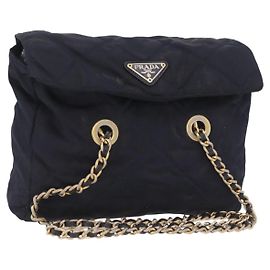Borsa a tracolla con catena PRADA Nylon Navy Gold Auth 206423