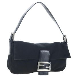 FENDI Mamma Baguette Schultertasche aus Baumwolljersey Schwarz Silber 26424 Auth am12709A