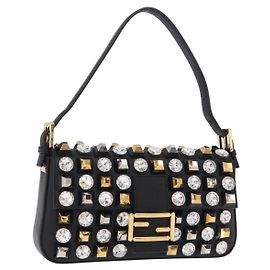 Bolso FENDI Mamma Baguette Studs Rhinestones Cuero Negro Oro 8BR600 Auth yk20953SM